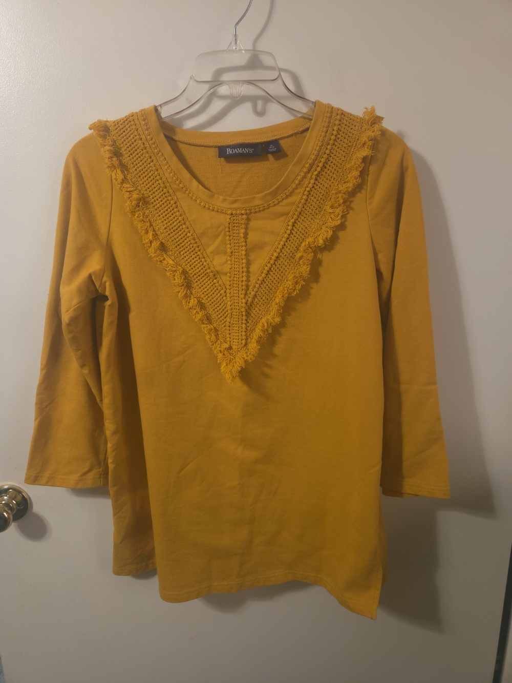 Roaman's Mustard Yellow Boho Crochet Fringe 3/4 Sleeve Top